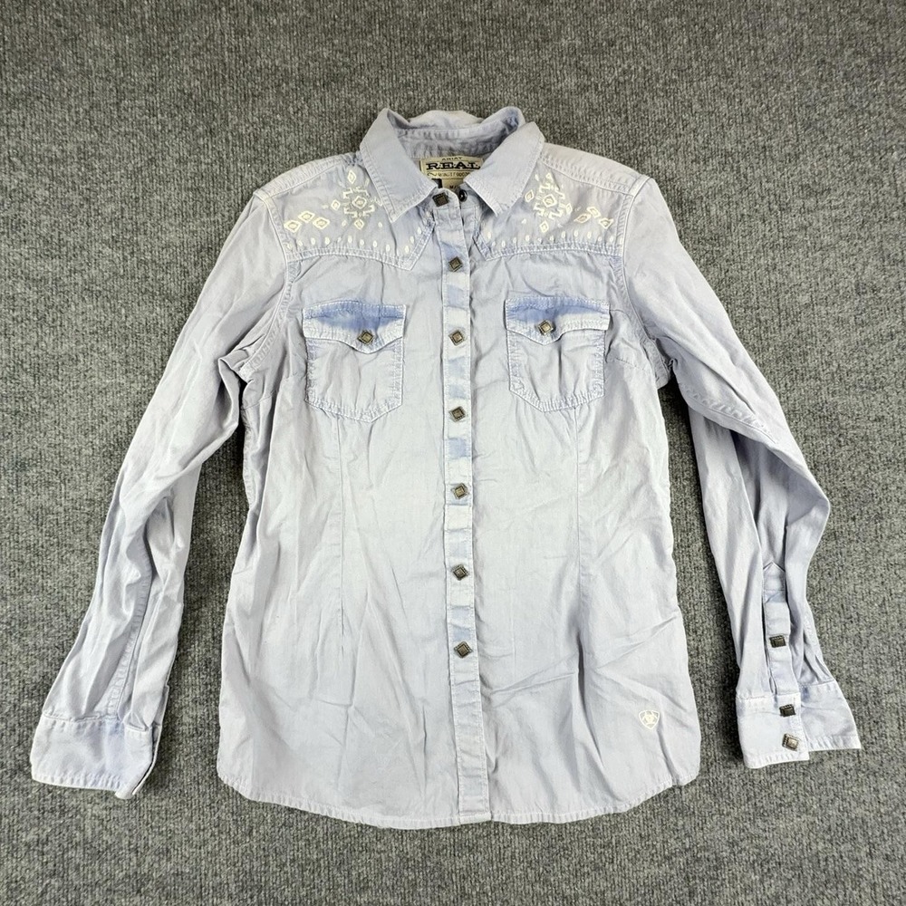 Ariat REAL Western Shirt Womens Medium Blue Embroidered Snap Button Long Sleeve